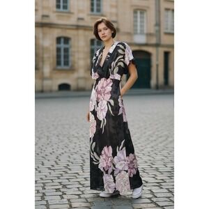 Women's Black Pink Floral MIDI Dress Bias Cut Size XS Empire Waist Sheer Overlay